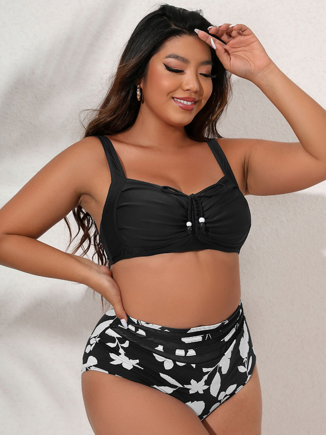 Plus Size Printed Gathered Detail Bikini Set